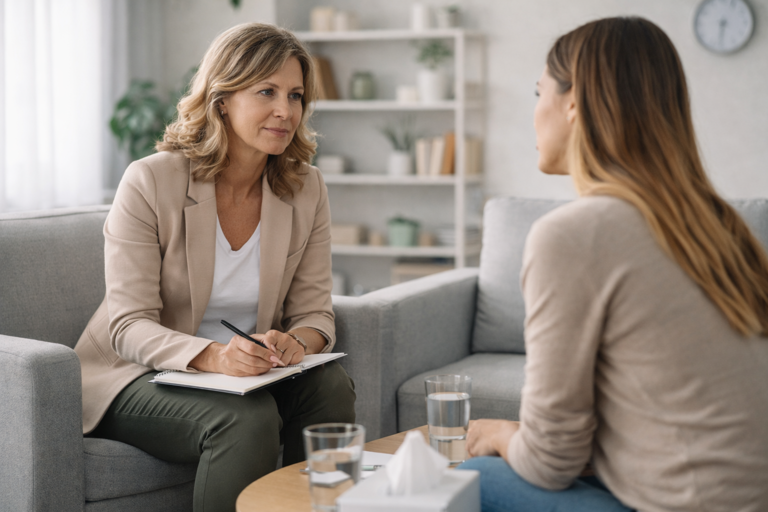 Illustration of a person sitting at a table, talking to another person across from them