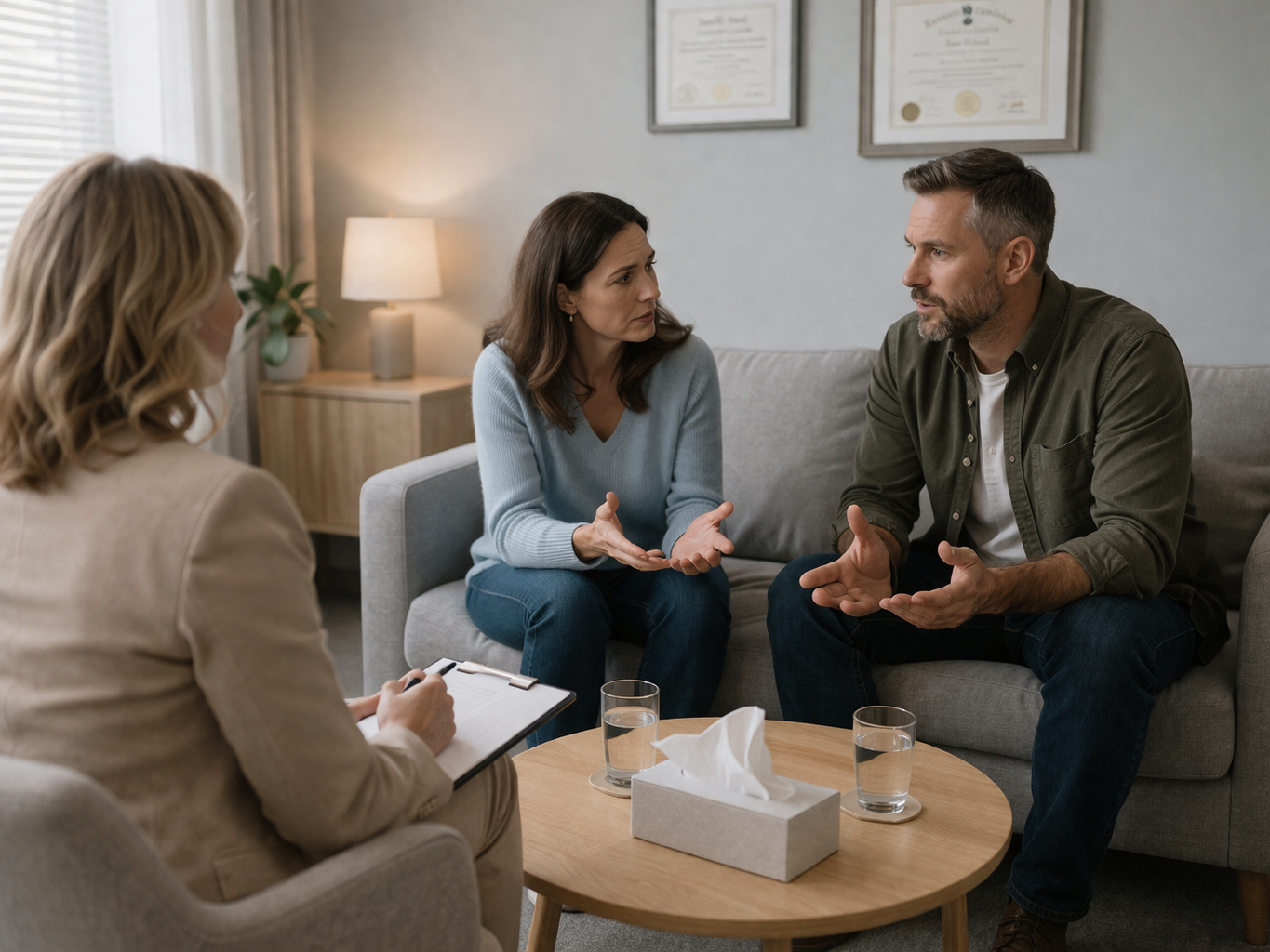 Illustration of two people sitting on a bench, facing away from each other